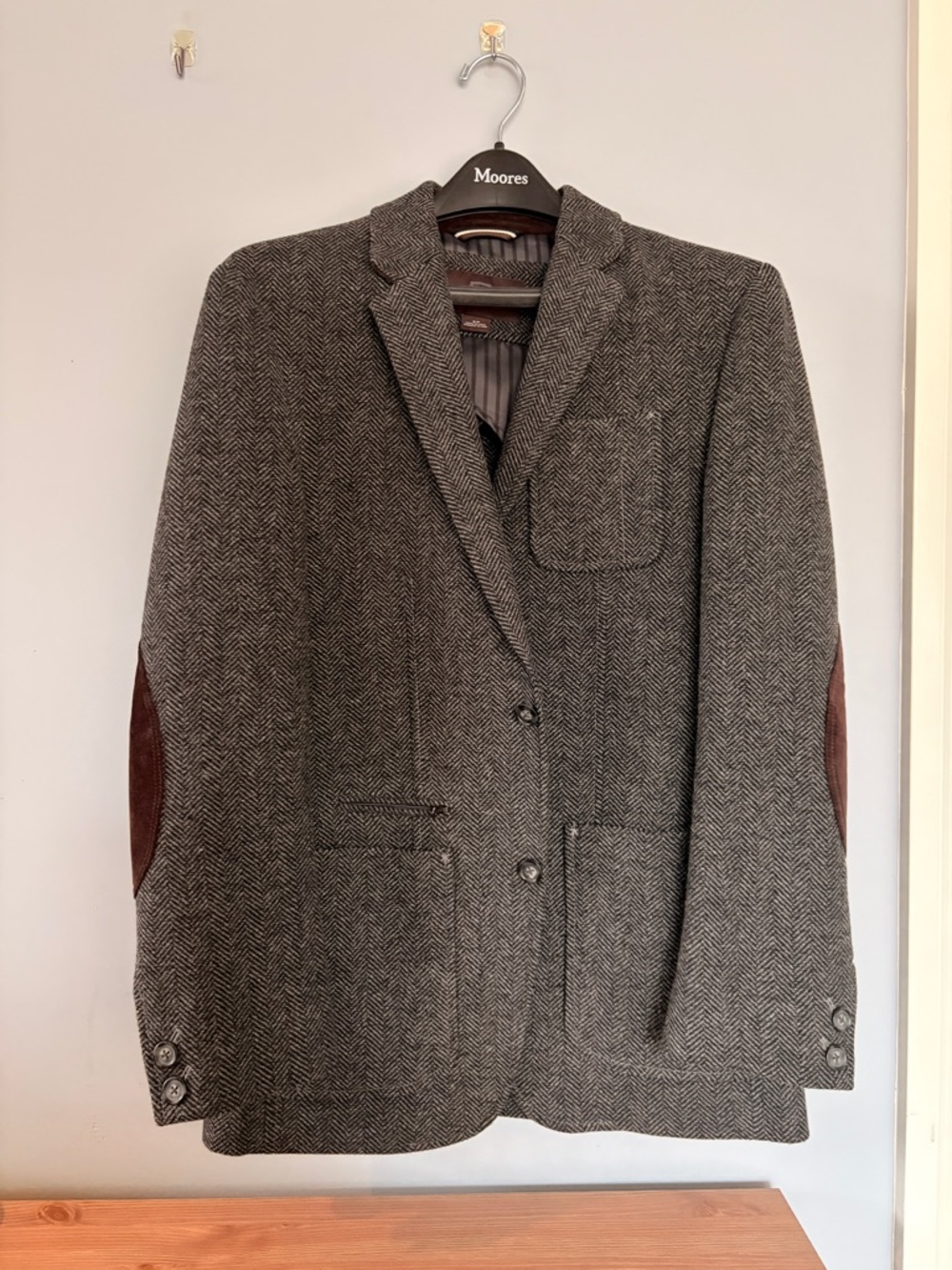 Black Brown 1826 Gray Herringbone Blazer with Brown Elbow Patches